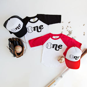 "ONE" Baseball First Birthday Raglan with Hat