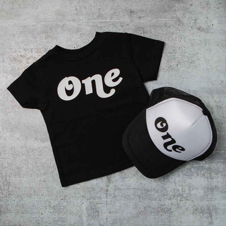 "One" 1st Birthday Personalized Outfit | Retro T-Shirt & Trucker Hat