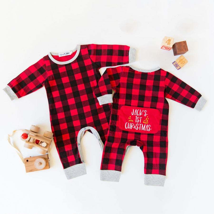 Christmas 2022 Personalized Red and Black Buffalo Print Romper