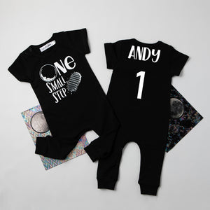 Black "One Small Step" Slim Fit Space Themed 1st Birthday Romper