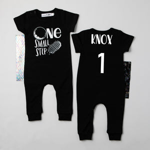 Black "One Small Step" Slim Fit Space Themed 1st Birthday Romper