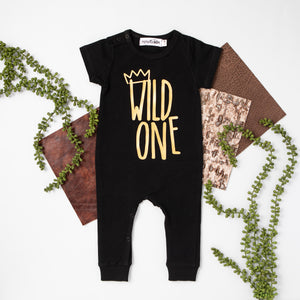 "Wild One" Slim Fit First Birthday Romper with Gold Writing