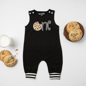 Black Cookie First Birthday Romper with Striped Cuff