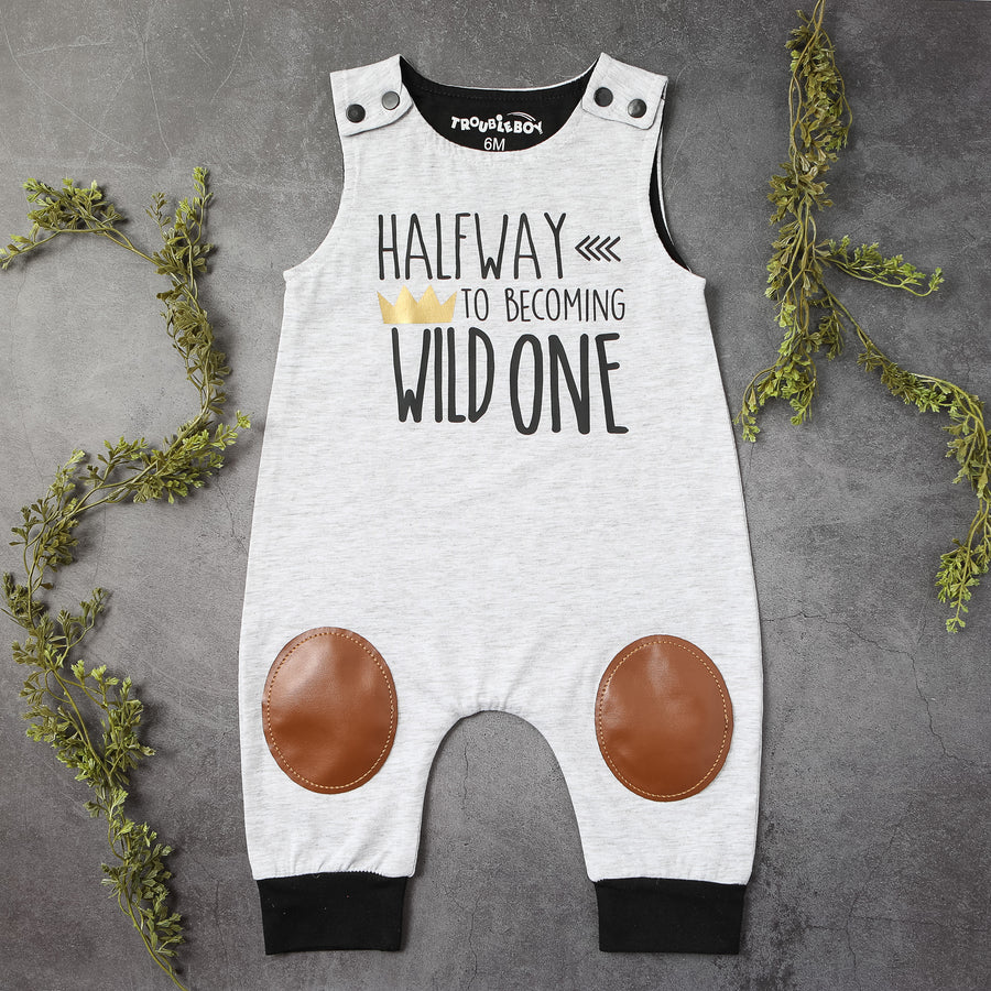 "Halfway to Becoming Wild One" 1/2 Birthday Romper with Knee Patches