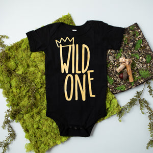 "Wild One" First Birthday Bodysuit/T-Shirt with Gold Writing