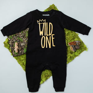 Black Long Sleeve Wild One First Birthday Romper with Gold Design
