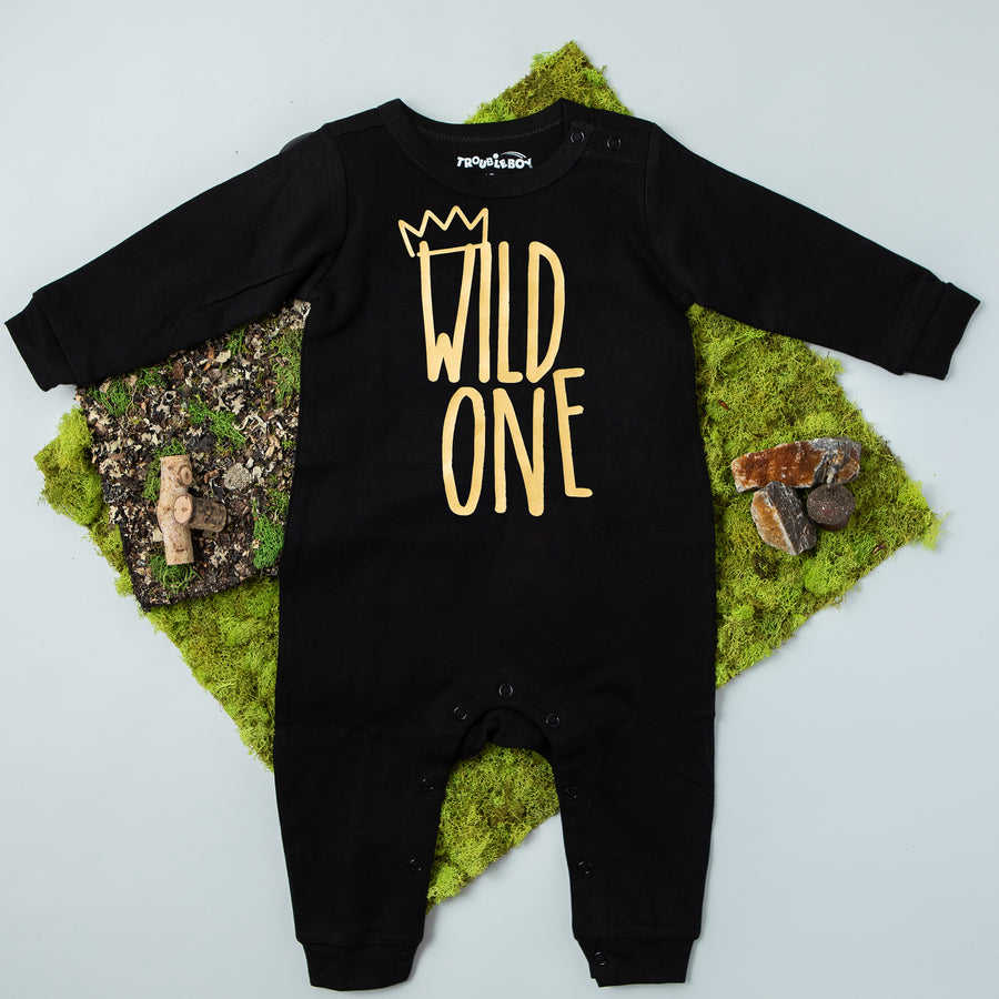 Long Sleeve Wild One First Birthday Romper with Gold Design