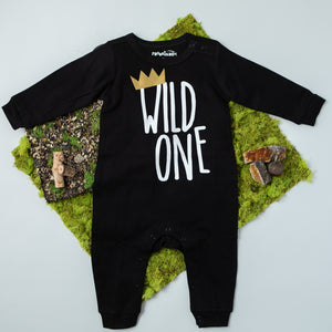 Black Long Sleeve Wild One First Birthday Romper