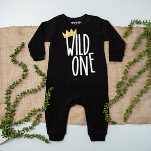 Black Long Sleeve Wild One First Birthday Romper