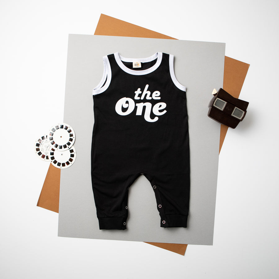 "The One" 1st Birthday Personalized Outfit | Retro Ringed Romper & Trucker Hat