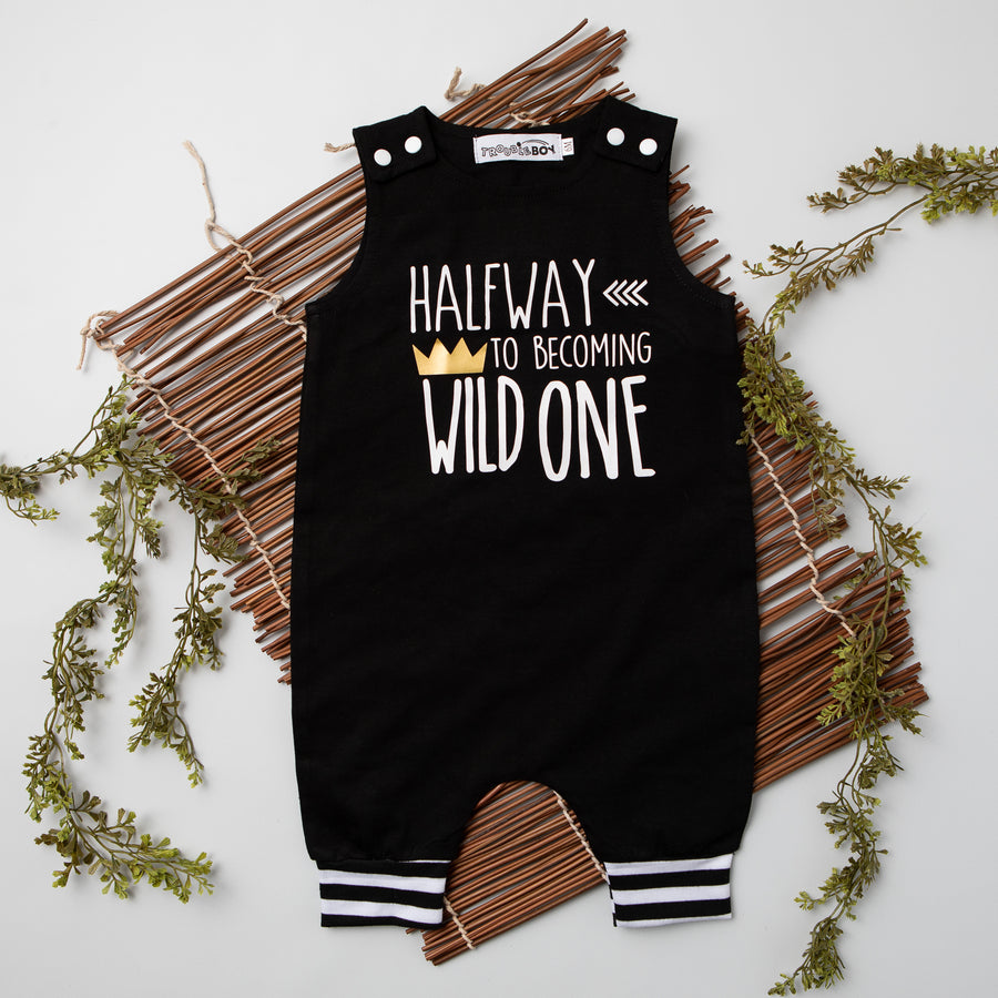 Black "Halfway To Becoming Wild One" 1/2 Birthday Romper with Striped Cuff