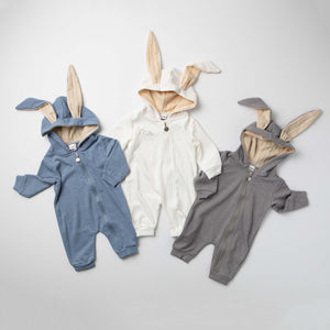 Gray Personalized Embroidered Easter Romper with Bunny Ears