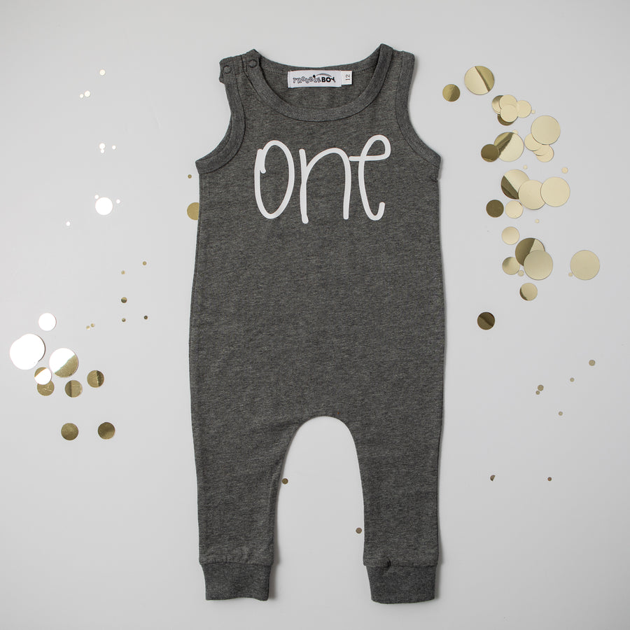 Gray "ONE" Slim Fit First Birthday Romper