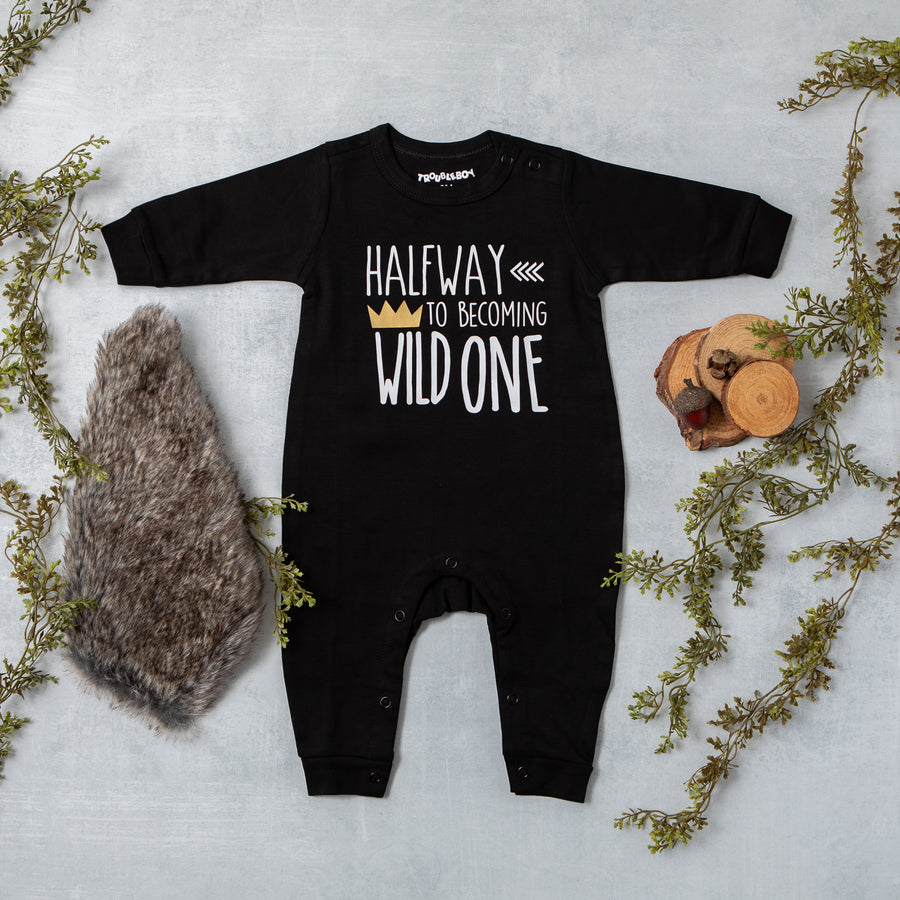 "Halfway to Becoming Wild One" 1/2 Birthday Long Sleeve Romper