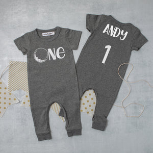 Black "One" Moon Slim Fit Space Themed 1st Birthday Romper