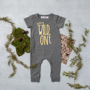 "Wild One" Slim Fit First Birthday Romper with Gold Writing