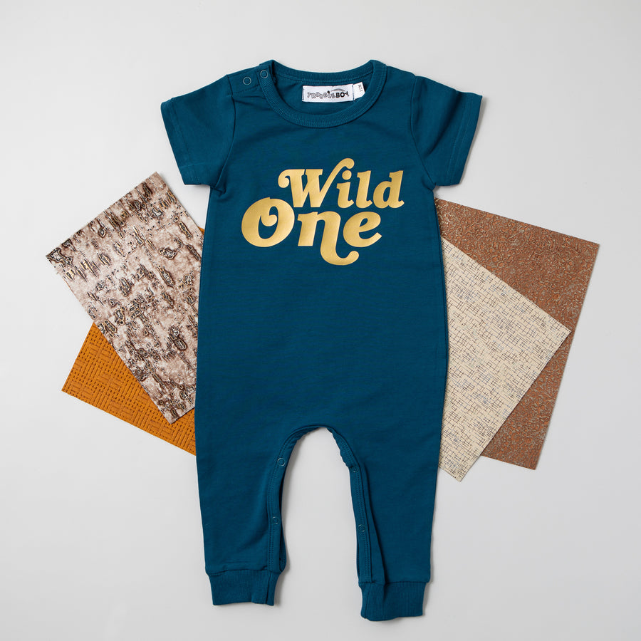 Aegean Blue "Wild One" Retro Slim Fit First Birthday Romper with Gold Writing