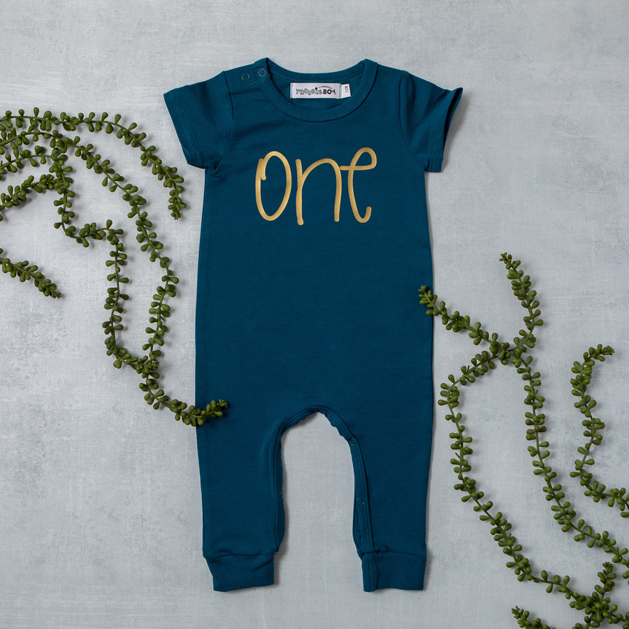Aegean Blue "ONE" Slim Fit First Birthday Romper with Gold Writing