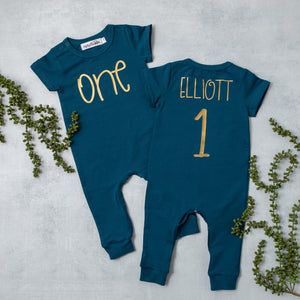 Aegean Blue "ONE" Slim Fit First Birthday Romper with Gold Writing