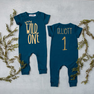 "Wild One" Slim Fit First Birthday Romper with Gold Writing