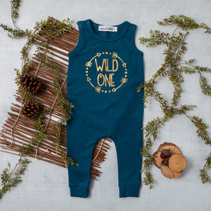 Aegean Blue "Wild One Circle" Slim Fit First Birthday Romper with Gold Writing