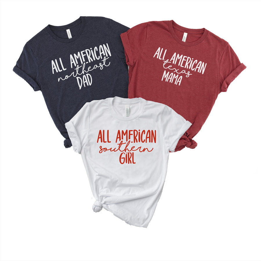 Customized All American Mama Tees. 4th of July Regional Shirt Women. Independence Day T-Shirt. Red White and Blue