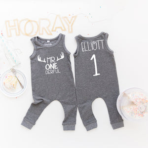 Aegean Blue "Mr. Onederful" Antler Slim Fit First Birthday Romper