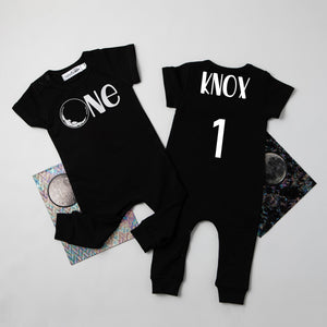 Black "One" Moon Slim Fit Space Themed 1st Birthday Romper