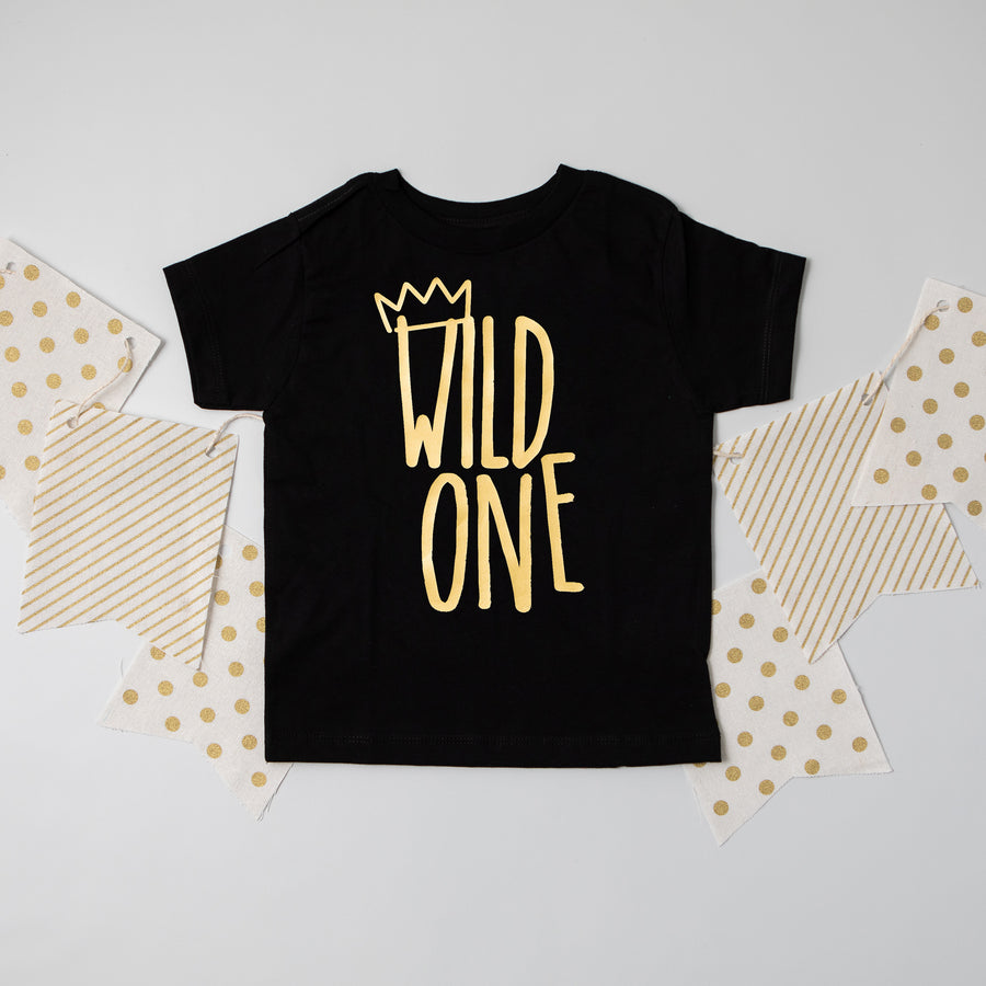 "Wild One" First Birthday Bodysuit/T-Shirt with Gold Writing