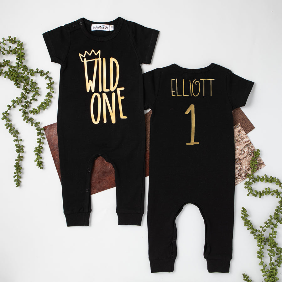 "Wild One" Slim Fit First Birthday Romper with Gold Writing