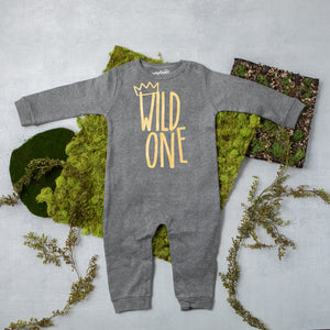 Long Sleeve Wild One First Birthday Romper with Gold Design