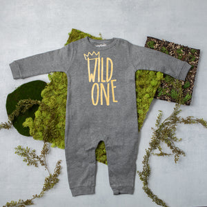Black Long Sleeve Wild One First Birthday Romper with Gold Design