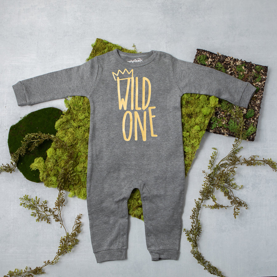 Long Sleeve Wild One First Birthday Romper with Gold Design