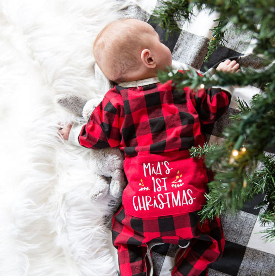 1st Christmas Personalized Red and Black Buffalo Print Romper