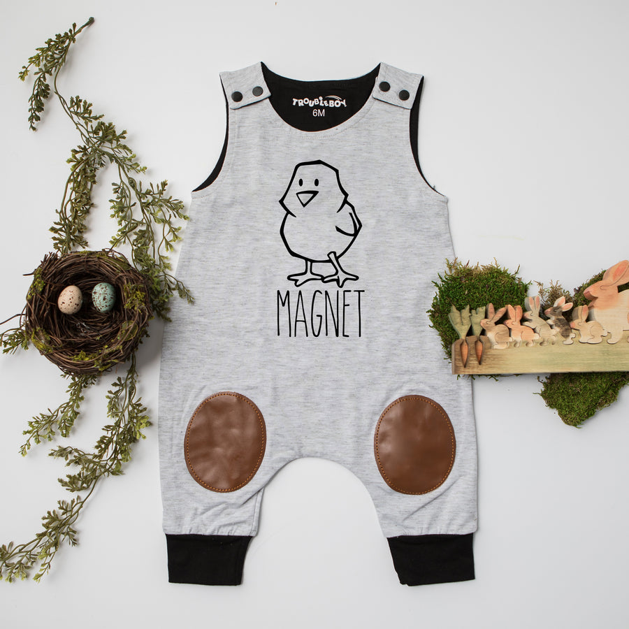 "Chick Magnet" Easter Themed Spring Romper with Knee Patch