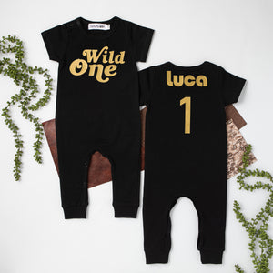 Aegean Blue "Wild One" Retro Slim Fit First Birthday Romper with Gold Writing