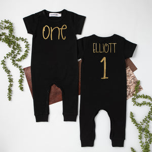 Aegean Blue "ONE" Slim Fit First Birthday Romper with Gold Writing