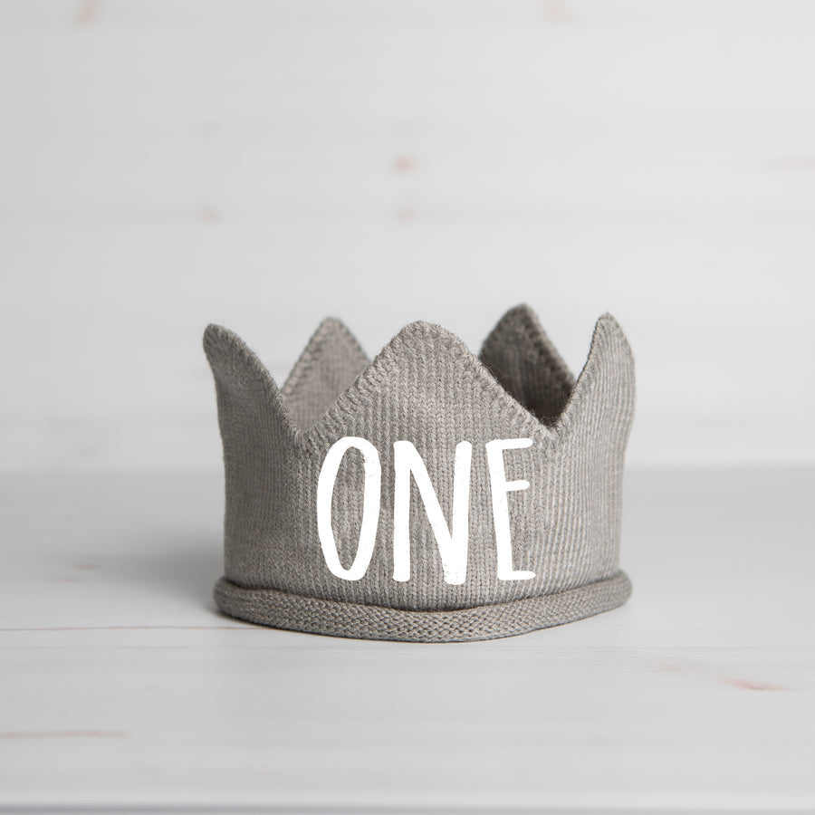 Print One First Birthday Gray Crown with White Writing