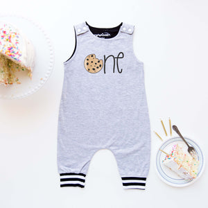 Gray Cookie First Birthday Romper with Striped Cuff