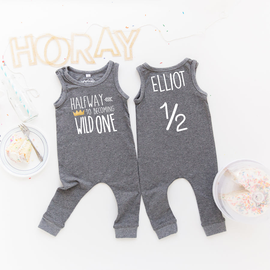 Gray "Halfway to Becoming Wild One" Slim Fit Birthday Romper