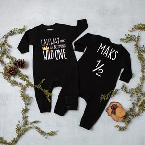 "Halfway to Becoming Wild One" 1/2 Birthday Long Sleeve Romper