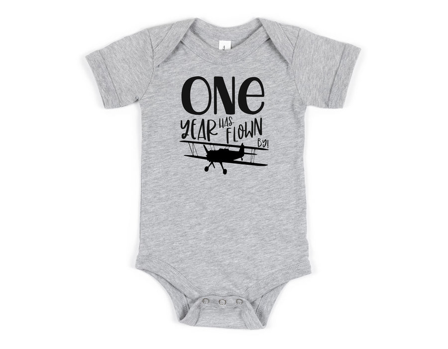 "One Year Has Flown By" Airplane Personalized 1st Birthday T-shirt/Bodysuit