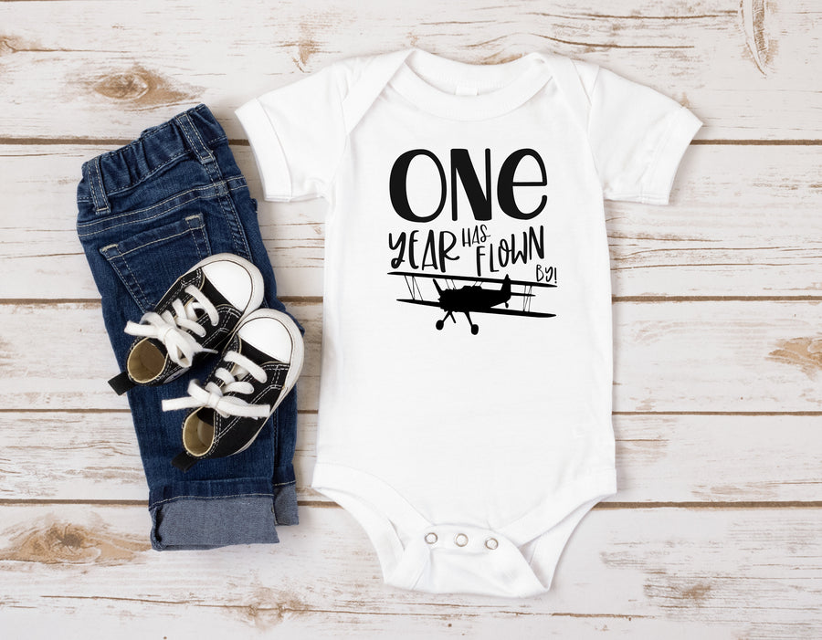 "One Year Has Flown By" Airplane Personalized 1st Birthday T-shirt/Bodysuit