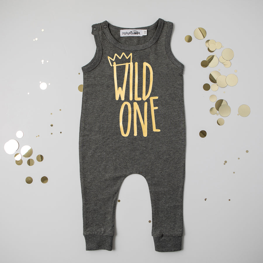 "Wild One" Slim Fit First Birthday Romper with Gold Writing