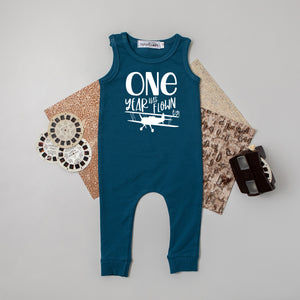 "One Year Has Flown By" Airplane Slim Fit First Birthday Romper