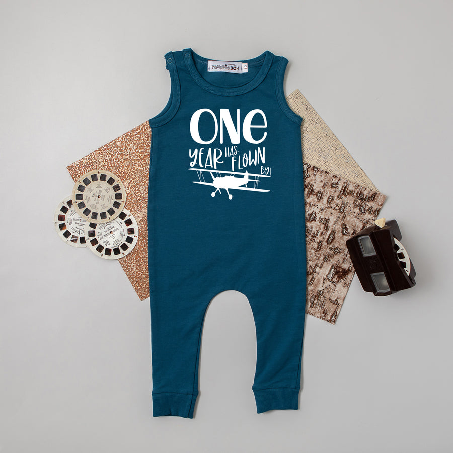 "One Year Has Flown By" Airplane Slim Fit First Birthday Romper