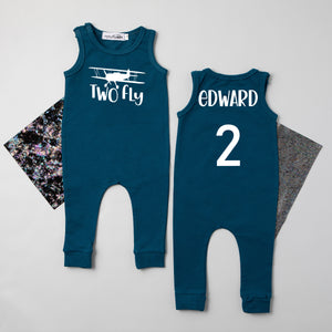"Two Fly" Airplane Slim Fit First Birthday Romper