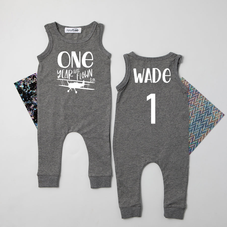 "One Year Has Flown By" Airplane Slim Fit First Birthday Romper