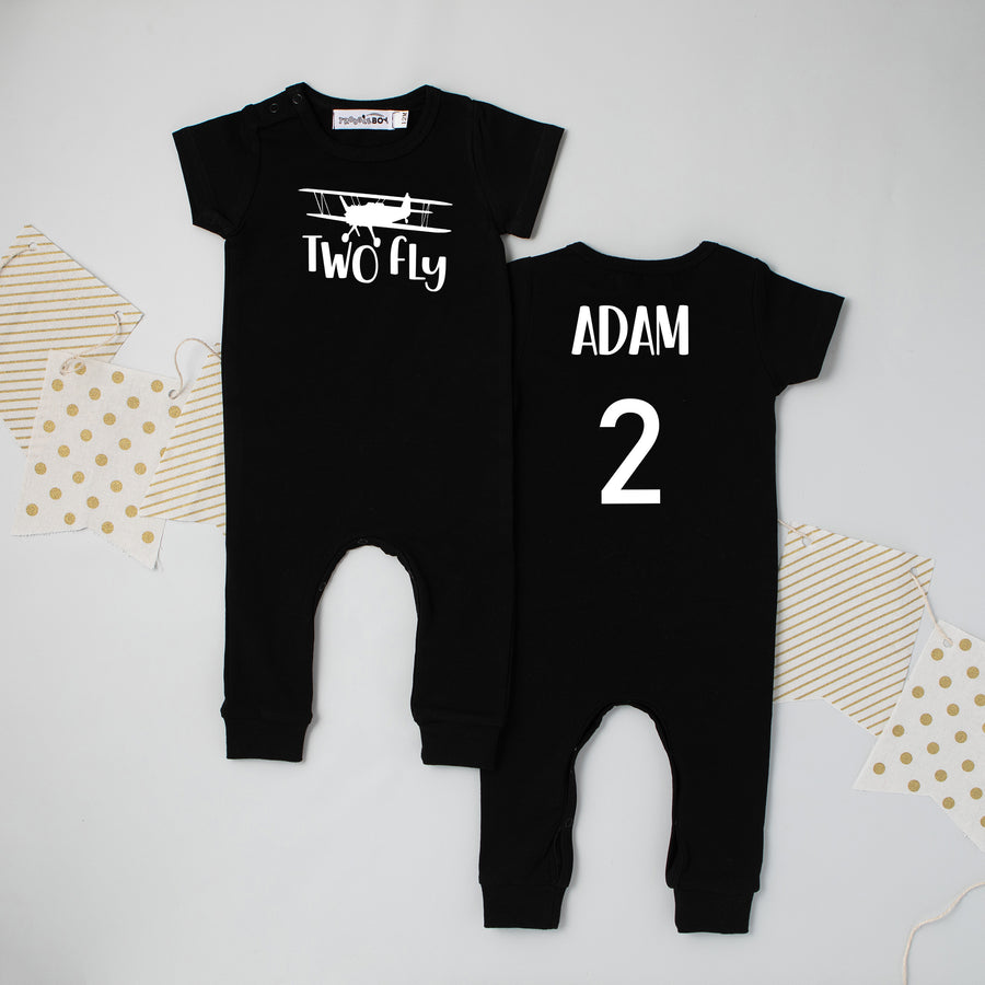 Black "Two Fly" Airplane Slim Fit 2nd Birthday Romper