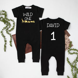 Black "Wild One" Jungle Slim Fit First Birthday Romper